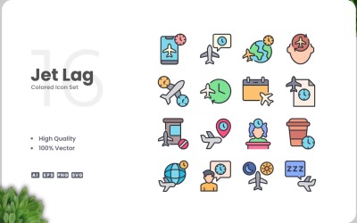 16 Jet Lag färgade ikoner Set