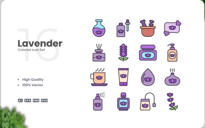 16 lavendel färgade ikoner Set