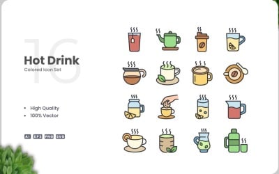 Набор из 16 цветных иконок с изображением горячих напитков