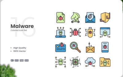Conjunto de 16 ícones coloridos de malware