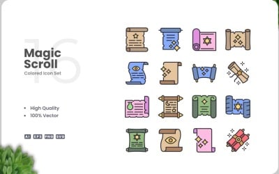 Conjunto de 16 iconos de colores de pergamino mágico