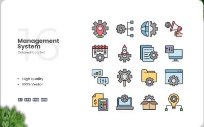 Conjunto de 16 iconos de colores del sistema de gestión