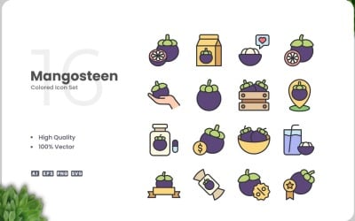 16 Mangostan färgade ikoner Set