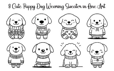 8 Cute Puppy Dog Wearing Sweater in Line Art