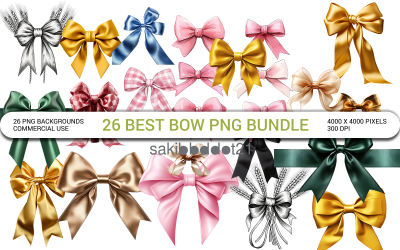 Bow PNG Bundle Ribbon With Red Bow Realistic Set of Golden Bow Ribbon Shiny Gold Satin Ribbon Bow