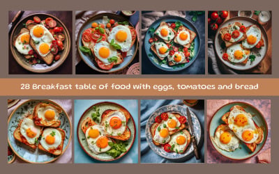 Breakfast table of food with eggs, tomatoes and bread