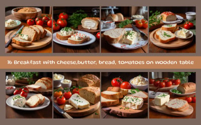 Breakfast with cheese,butter, bread, tomatoes on wooden table
