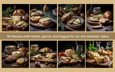 Cheese with herbs, garlic and baguette on the wooden table