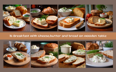 Frühstück mit Käse, Butter und Brot auf Holztisch