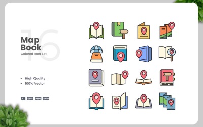 Conjunto de 16 ícones coloridos de livro de mapas