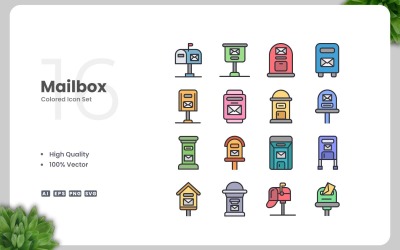 Conjunto de 16 iconos de colores de buzón