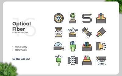 Conjunto de 16 iconos de colores de fibra óptica