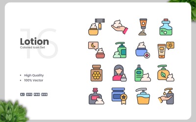 Conjunto de 16 iconos de colores de loción