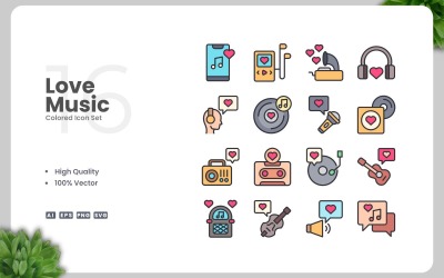 16 Liefdesmuziek gekleurde pictogrammenset