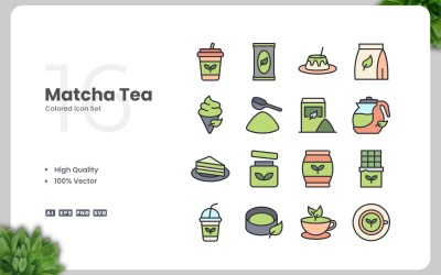 16 Matcha Tea Colored Icons Set