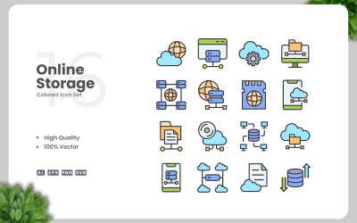 16 Online Storage Colored Icons Set