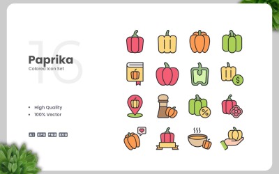 16 paprika färgade ikoner Set