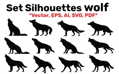 Conjunto de siluetas de lobos en diferentes poses, vector, fácil de editar, aislado sobre fondo blanco.