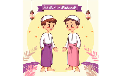 Eid Al-Fitr med glada animerade karaktärer i traditionell klädsel