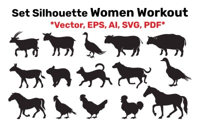 Ensemble de silhouettes d&amp;#39;animaux de la ferme, différentes poses, vecteur, facile à modifier, isolé sur fond blanc