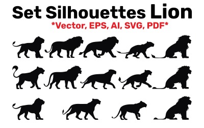 Ensemble de silhouettes de lion, différentes poses, vecteur, facile à modifier, isolé sur fond blanc