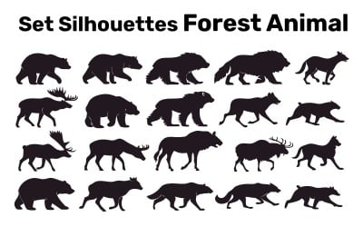 Conjunto de siluetas de grandes animales del bosque del norte, vector, fácil de editar, aislado sobre fondo blanco