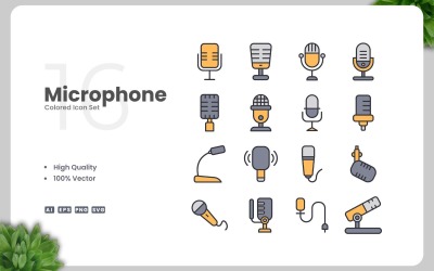 Conjunto de 16 ícones coloridos de microfone