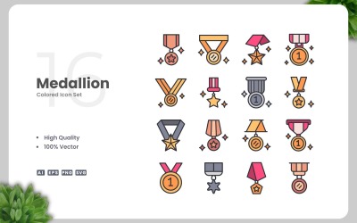 16 Medaljong färgade ikoner Set