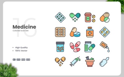 16 medicin färgade ikoner Set