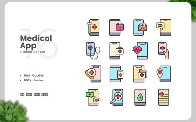 16 medicinska app färgade ikoner Set
