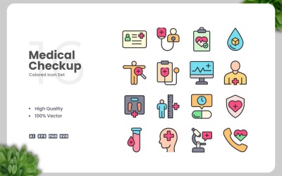 16 Medische controle gekleurde pictogrammenset