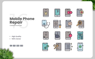 Conjunto de 16 ícones coloridos para conserto de celulares
