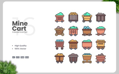 Conjunto de 16 iconos de colores de carros mineros