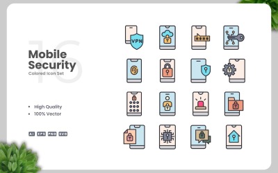 16 Mobiele beveiligingskleurenpictogrammenset
