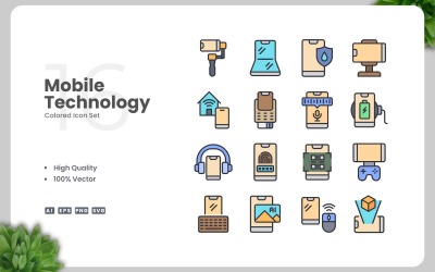 16 Mobiele technologie gekleurde pictogrammenset