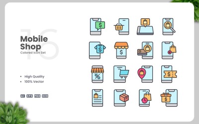 16 Mobiele winkel gekleurde pictogrammenset