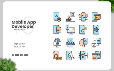 16 Mobile App Developer Colored Icons Set