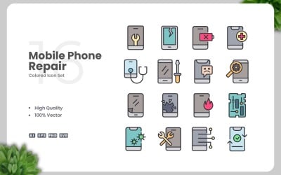 16 Mobile Phone Repair Colored Icons Set