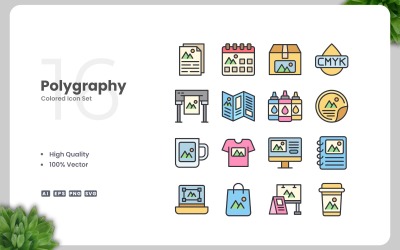 Conjunto de 16 iconos de colores de poligrafía
