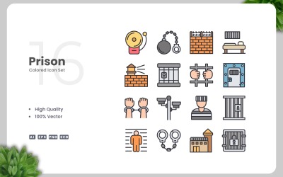 Conjunto de 16 iconos de colores de prisión