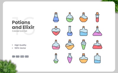 Ensemble de 16 icônes colorées de potions et d&amp;#39;élixir
