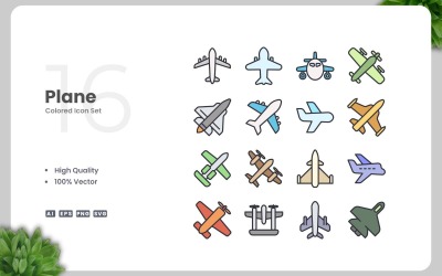 16 Flugzeug farbige Icons Set