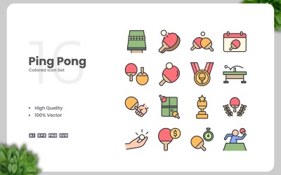 16 Ping Pong färgade ikoner Set