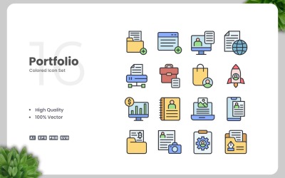 16 Portfolio Färgade Ikoner Set