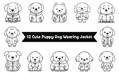 12 söta hundvalpkaraktär bär jacka i Line Art