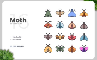 16 Moth färgade ikoner Set