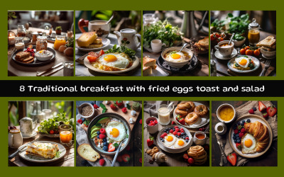 Traditional breakfast with fried eggs toast and salad on the plate