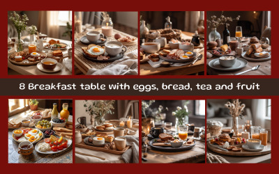 Frukostbord med ägg, bröd, te och frukt