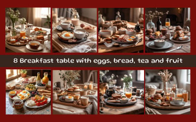 Table de petit-déjeuner avec œufs, pain, thé et fruits