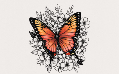 Flor de borboleta retrô PNG gráfico, clipart botânico colorido, ilustração de borboleta floral,